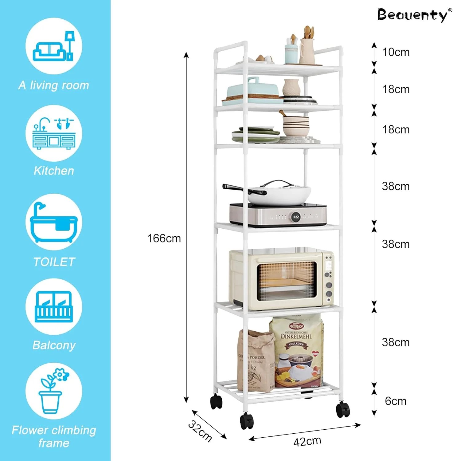قفسه آشپزخانه 6 طبقه Beauenty، قفسه فلزی قابل تنظیم با چرخ، قفسه متحرک چند منظوره با دسته برای اتاق خواب، آشپزخانه، دفاتر، سالن ورزشی (سفید، 6 طبقه)