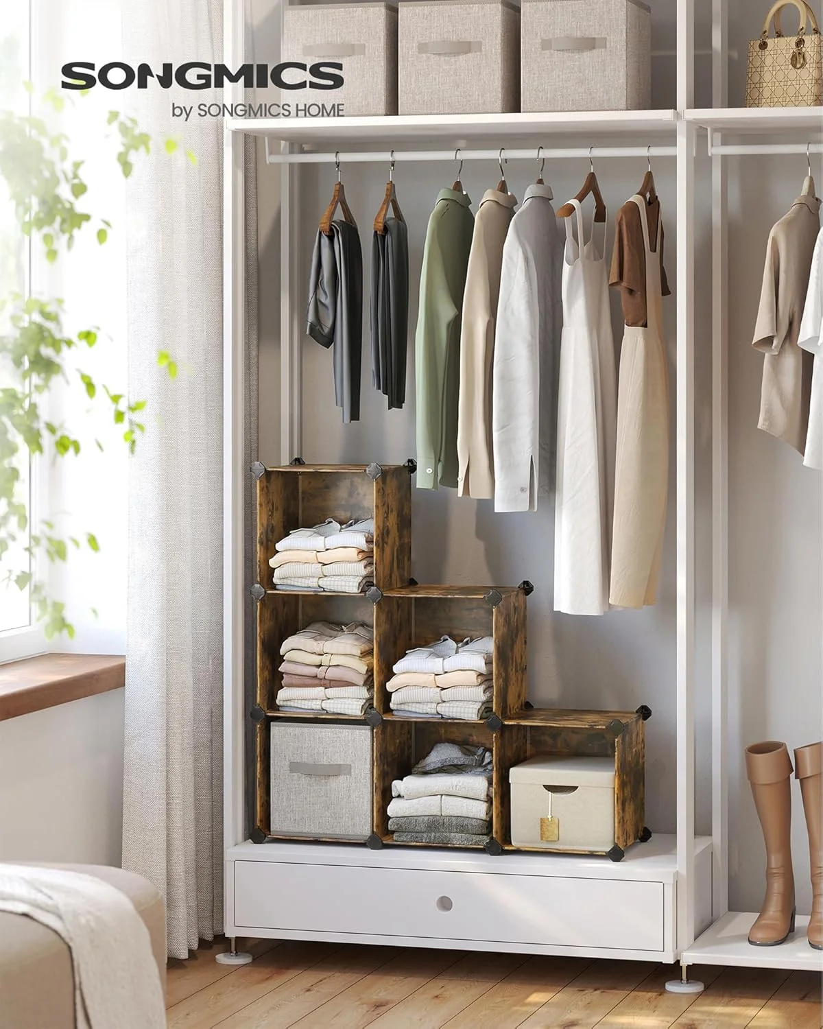 قفسه مکعبی 6 خانه SONGMICS، قفسه کتاب ماژولار، سازمان دهنده و انبار کمد دیواری DIY، قفسه های پلاستیکی قابل چیدن، مکعب های 11.8 x 11.8 x 11.8 اینچی، با پایه و چکش لاستیکی، قهوه ای روستایی ULPC111A01