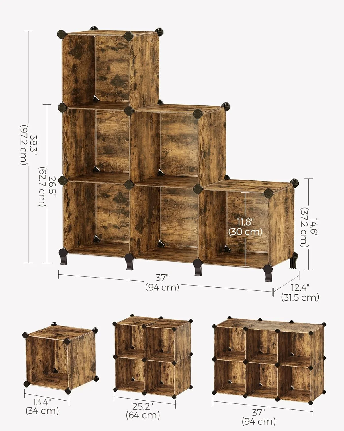 قفسه مکعبی 6 خانه SONGMICS، قفسه کتاب ماژولار، سازمان دهنده و انبار کمد دیواری DIY، قفسه های پلاستیکی قابل چیدن، مکعب های 11.8 x 11.8 x 11.8 اینچی، با پایه و چکش لاستیکی، قهوه ای روستایی ULPC111A01