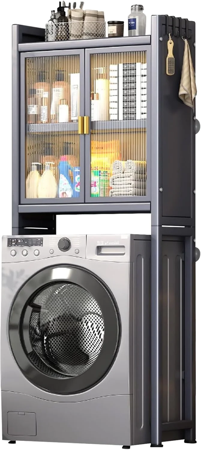 قفسه ذخیره سازی بالای ماشین لباسشویی DAYONG، قفسه ذخیره سازی بالای توالت، قفسه پایه ماشین لباسشویی با قفسه قابل تنظیم و درهای دوتایی، قفسه های حمام صرفه جویی در فضا (خاکستری تیره، 3 طبقه)