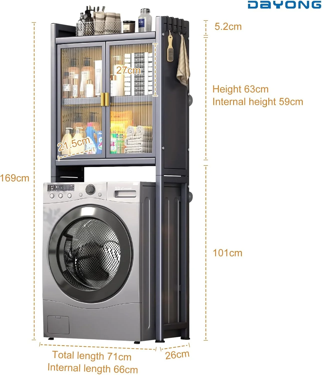 قفسه ذخیره سازی بالای ماشین لباسشویی DAYONG، قفسه ذخیره سازی بالای توالت، قفسه پایه ماشین لباسشویی با قفسه قابل تنظیم و درهای دوتایی، قفسه های حمام صرفه جویی در فضا (خاکستری تیره، 3 طبقه)