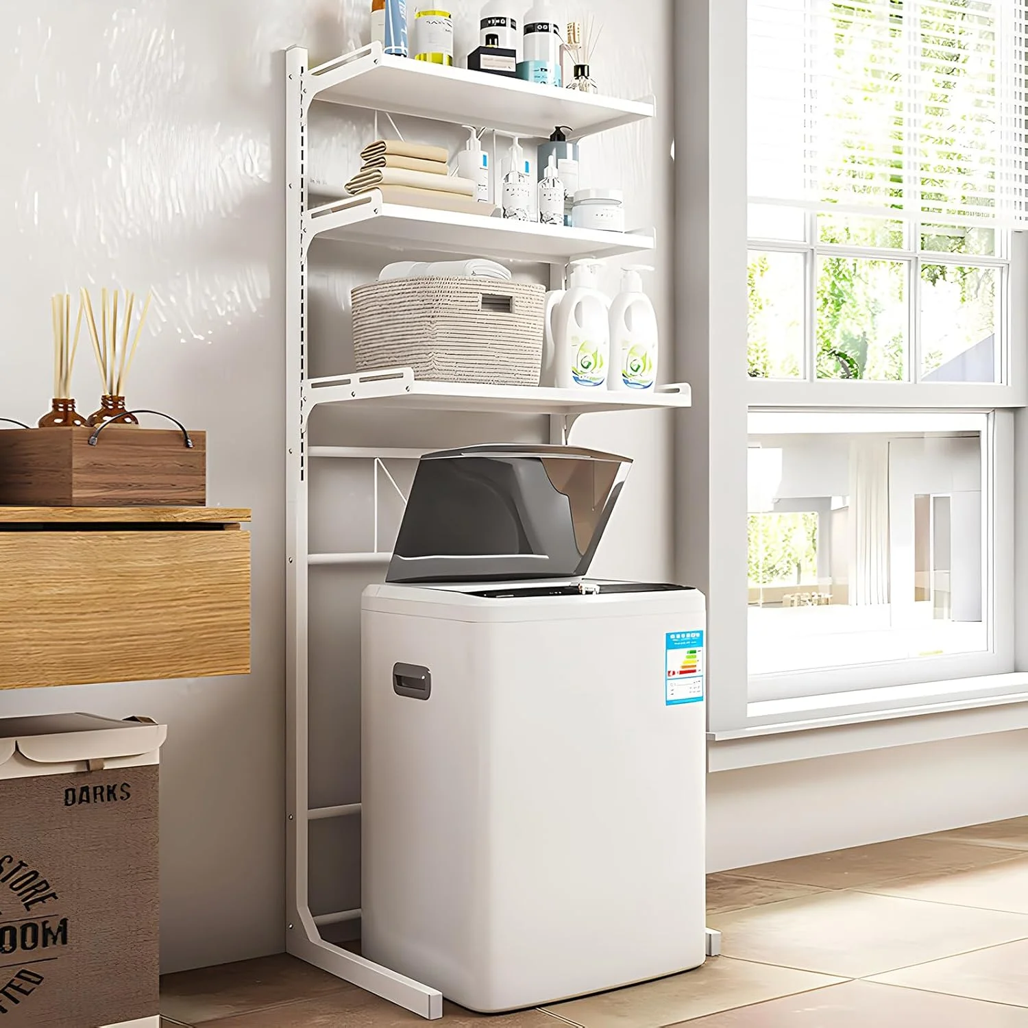 قفسه ذخیره سازی ماشین لباسشویی 3 طبقه، قفسه های ذخیره سازی ماشین لباسشویی ایستاده برای بالای توالت، لوازم جانبی سازمان دهنده گوشه حمام، ارتفاع قابل تنظیم، صرفه جویی در فضا، 46.5x68x161.5 سانتی متر (3 طبقه)
