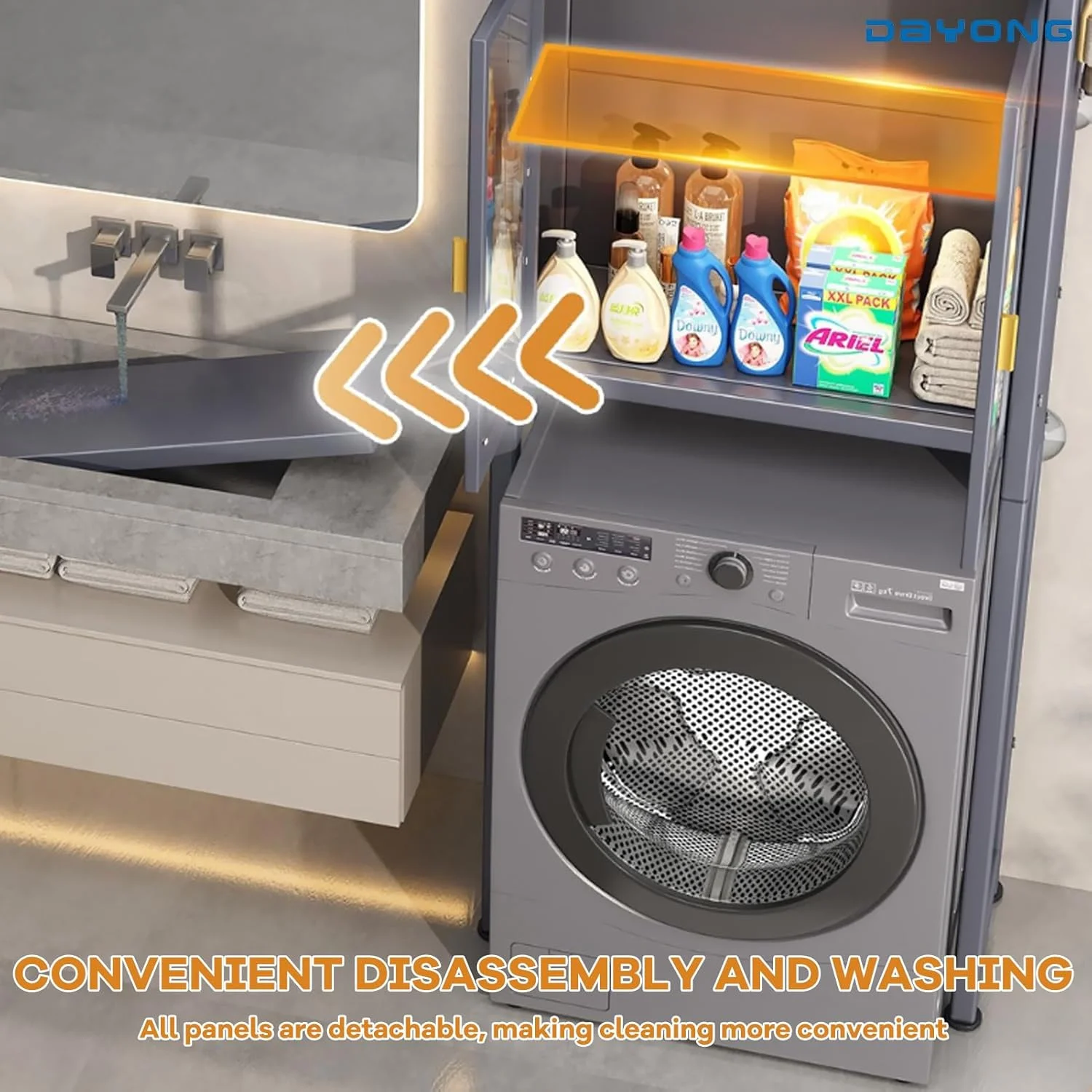 قفسه ذخیره سازی بالای ماشین لباسشویی DAYONG، قفسه ذخیره سازی بالای توالت، قفسه پایه ماشین لباسشویی با قفسه قابل تنظیم و درهای دوتایی، قفسه های حمام صرفه جویی در فضا (خاکستری تیره، 3 طبقه)