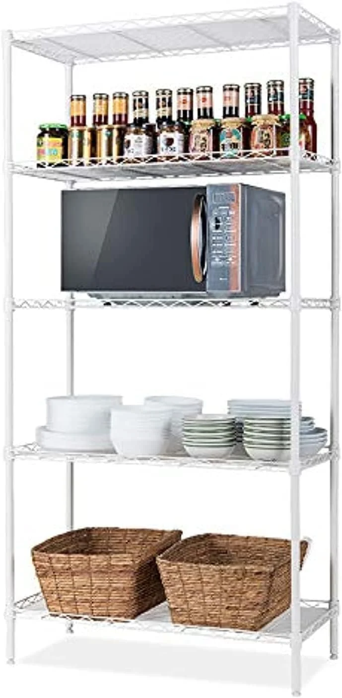 هومارکت قفسه 5 طبقه، واحد ذخیره سازی قفسه بندی، سازمان دهنده فلزی، قفسه سیمی، پایه آشپزخانه فولاد کربنی، قفسه ذخیره سازی، واحدهای قفسه ایستاده (سفید 5 طبقه)