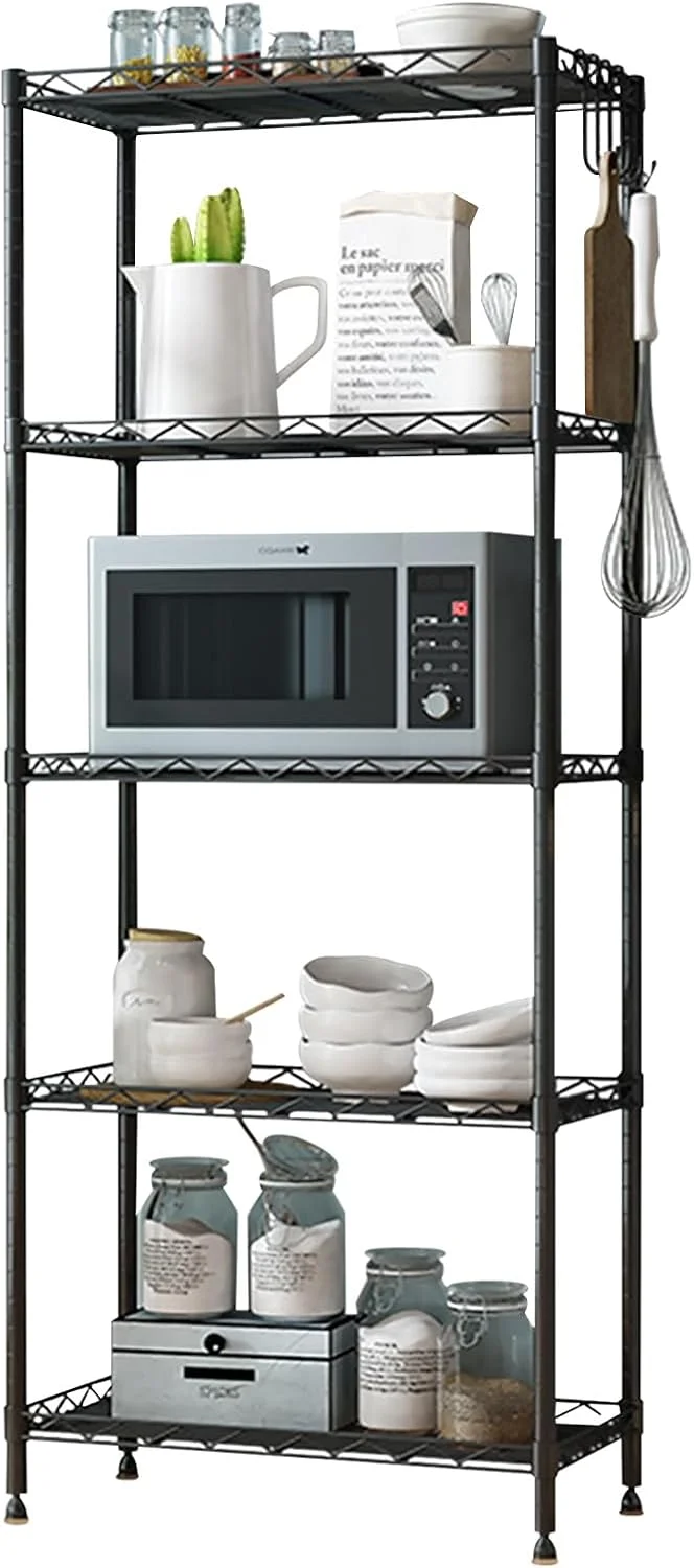 قفسه های 4/5 طبقه Beauenty، قفسه ذخیره سازی آشپزخانه با تحمل بار 200 کیلوگرم+، قفسه های قابل تنظیم ارتفاع و پایه های تراز برای اجاق مایکروویو، قفسه ذخیره سازی چند منظوره با نرده محافظ (5 قفسه)