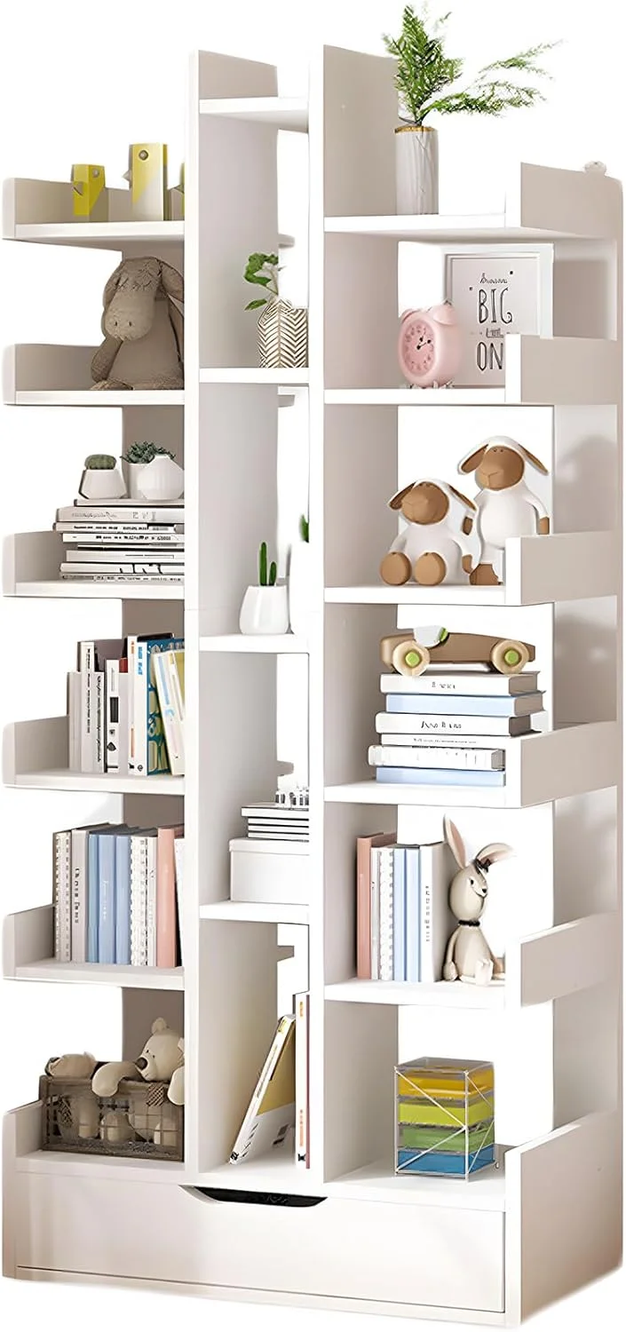 کتابخانه چند لایه sooyinpaint، کتابخانه ایستاده 15 طبقه، کابینت سازمان دهنده ذخیره سازی نمایشگر بلند با کشو، قفسه ذخیره سازی کتابخانه تکیه داده شده به دیوار، اتاق نشیمن (سفید)