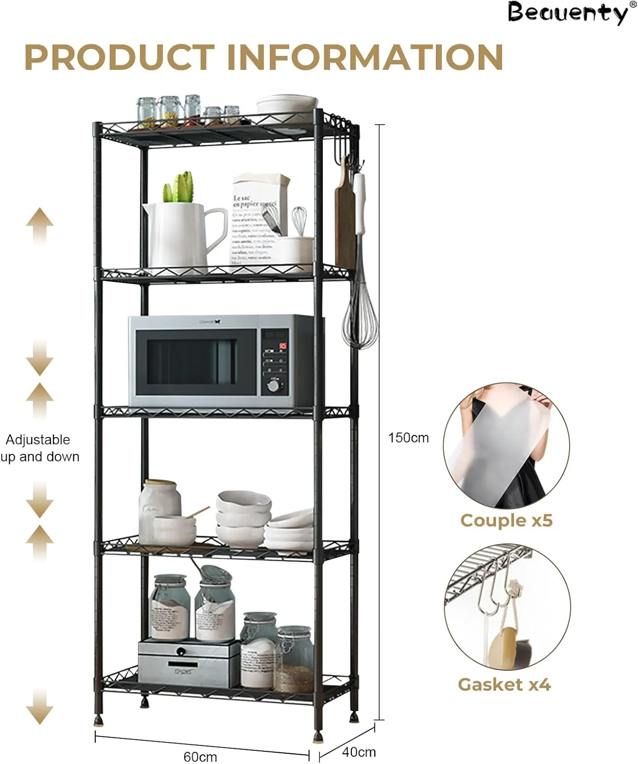 قفسه های 4/5 طبقه Beauenty، قفسه ذخیره سازی آشپزخانه با تحمل بار 200 کیلوگرم+، قفسه های قابل تنظیم ارتفاع و پایه های تراز برای اجاق مایکروویو، قفسه ذخیره سازی چند منظوره با نرده محافظ (5 قفسه) قفسه های 4/5 طبقه Beauenty، قفسه ذخیره سازی آشپزخانه با تحمل بار 200 کیلوگرم+، قفسه های قابل تنظیم ارتفاع و پایه های تراز برای اجاق مایکروویو، قفسه ذخیره سازی چند منظوره با نرده محافظ (5 قفسه)
