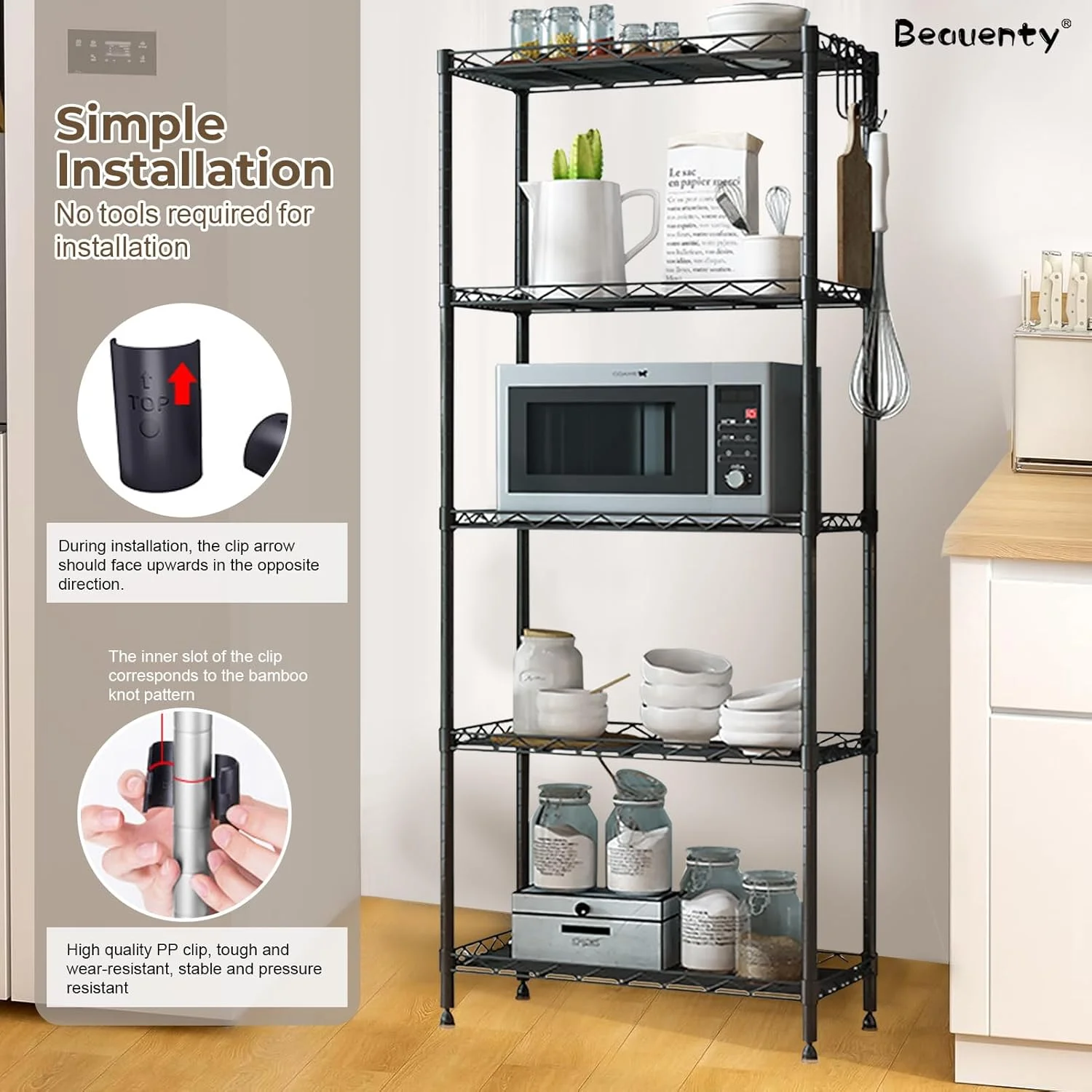 قفسه های 4/5 طبقه Beauenty، قفسه ذخیره سازی آشپزخانه با تحمل بار 200 کیلوگرم+، قفسه های قابل تنظیم ارتفاع و پایه های تراز برای اجاق مایکروویو، قفسه ذخیره سازی چند منظوره با نرده محافظ (5 قفسه) قفسه های 4/5 طبقه Beauenty، قفسه ذخیره سازی آشپزخانه با تحمل بار 200 کیلوگرم+، قفسه های قابل تنظیم ارتفاع و پایه های تراز برای اجاق مایکروویو، قفسه ذخیره سازی چند منظوره با نرده محافظ (5 قفسه)