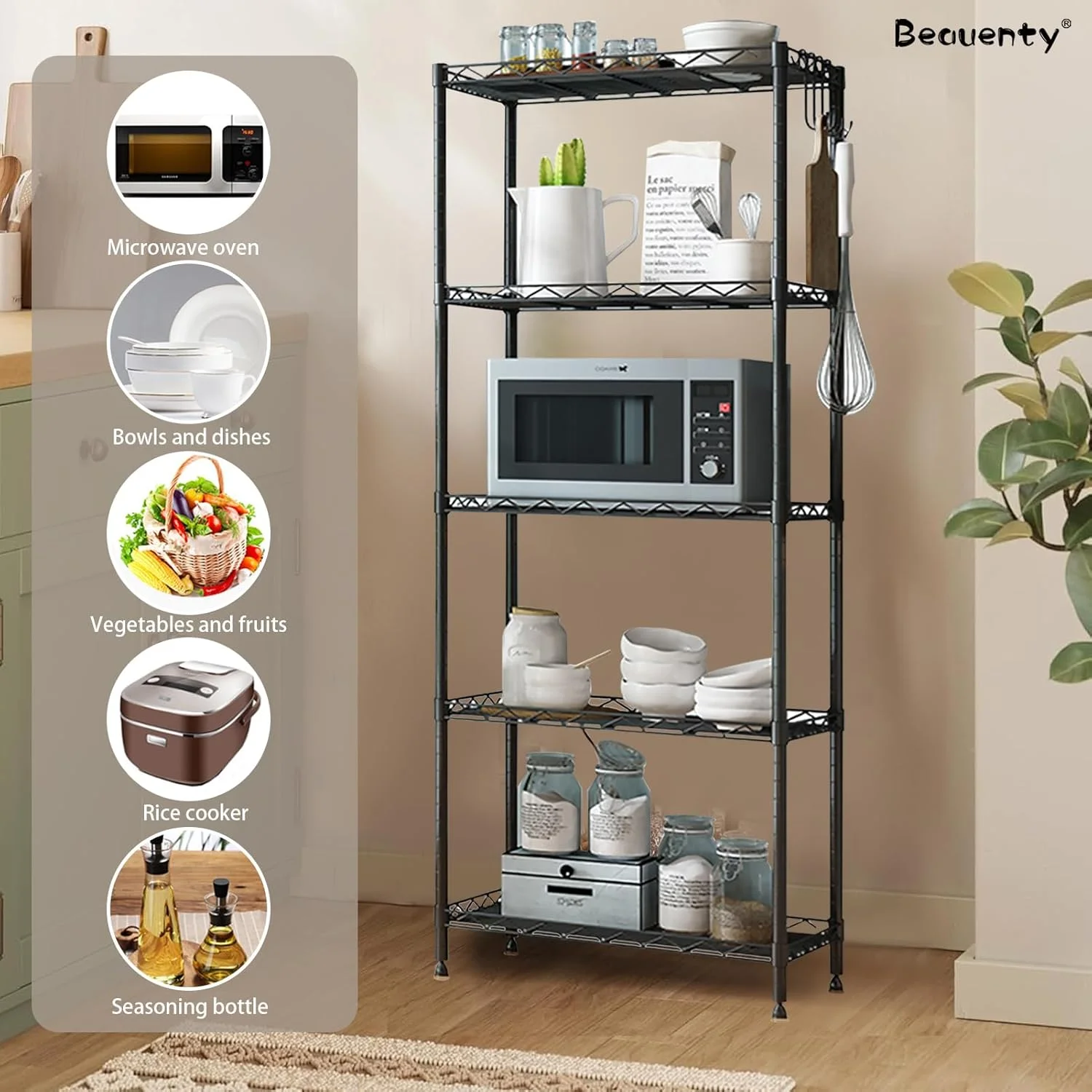 قفسه های 4/5 طبقه Beauenty، قفسه ذخیره سازی آشپزخانه با تحمل بار 200 کیلوگرم+، قفسه های قابل تنظیم ارتفاع و پایه های تراز برای اجاق مایکروویو، قفسه ذخیره سازی چند منظوره با نرده محافظ (5 قفسه) قفسه های 4/5 طبقه Beauenty، قفسه ذخیره سازی آشپزخانه با تحمل بار 200 کیلوگرم+، قفسه های قابل تنظیم ارتفاع و پایه های تراز برای اجاق مایکروویو، قفسه ذخیره سازی چند منظوره با نرده محافظ (5 قفسه)