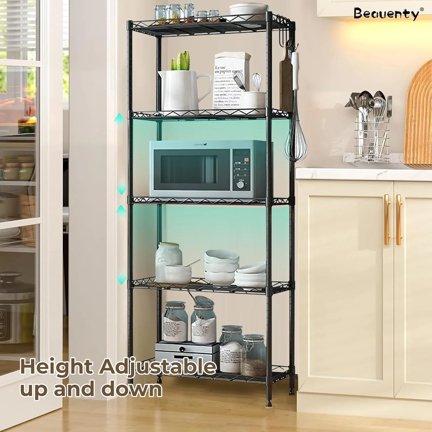 قفسه های 4/5 طبقه Beauenty، قفسه ذخیره سازی آشپزخانه با تحمل بار 200 کیلوگرم+، قفسه های قابل تنظیم ارتفاع و پایه های تراز برای اجاق مایکروویو، قفسه ذخیره سازی چند منظوره با نرده محافظ (5 قفسه) قفسه های 4/5 طبقه Beauenty، قفسه ذخیره سازی آشپزخانه با تحمل بار 200 کیلوگرم+، قفسه های قابل تنظیم ارتفاع و پایه های تراز برای اجاق مایکروویو، قفسه ذخیره سازی چند منظوره با نرده محافظ (5 قفسه)