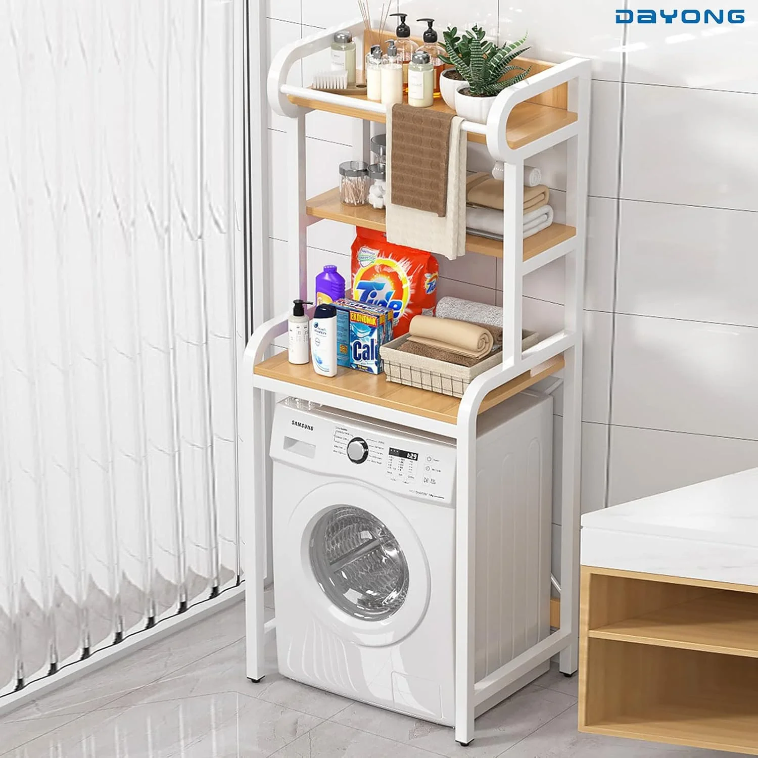 قفسه ذخیره سازی بالای ماشین لباسشویی DAYONG، سازمان دهنده لباسشویی 3 طبقه با قفسه، قفسه اتاق حمام، واحدهای قفسه بندی قفسه خشک کن لباس برای اتاق لباسشویی، بالکن، حمام (سفید)