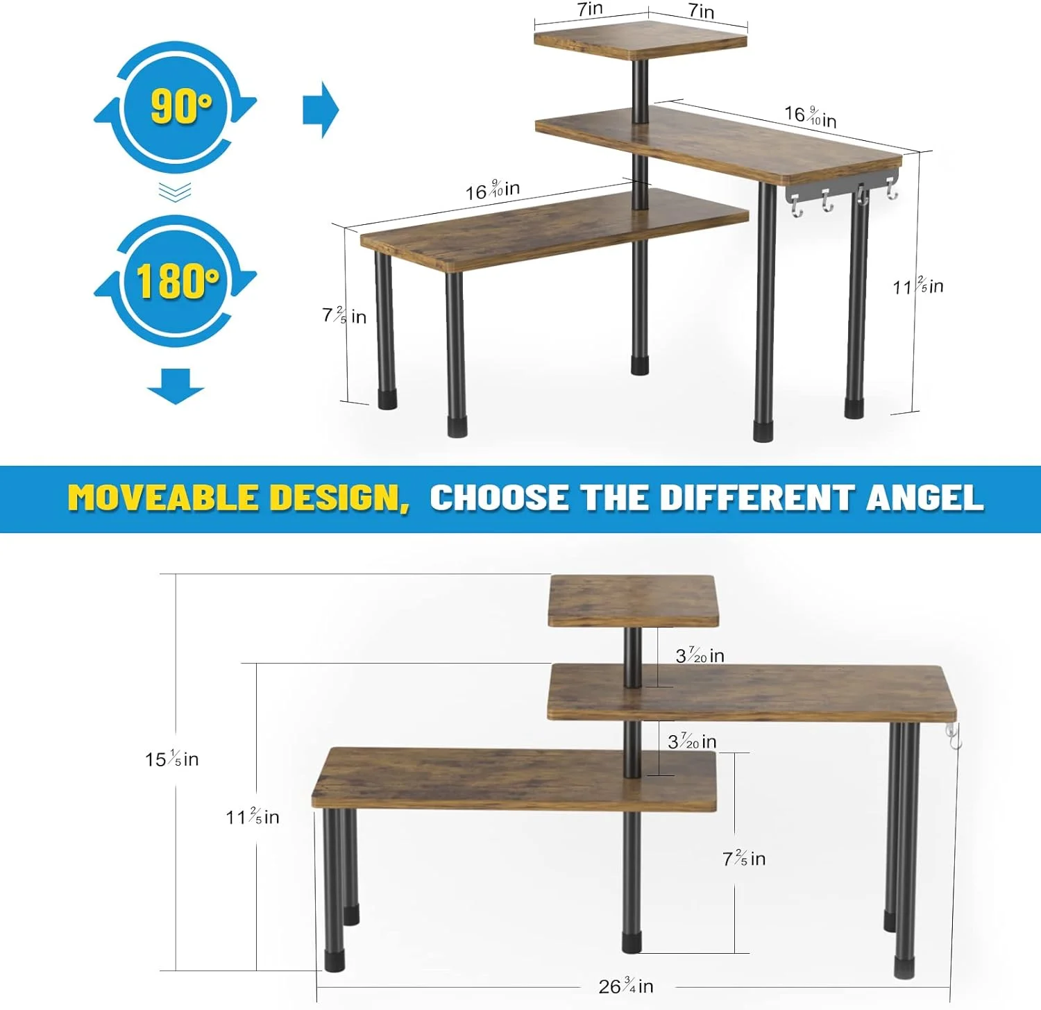 ارگانایزر و نظم دهنده رومیزی، قفسه گوشه ای متحرک 3 طبقه برای آشپزخانه، حمام، قفسه ادویه، قسمت قهوه، بالای سینک، میز آرایش (قهوه ای روستیک)