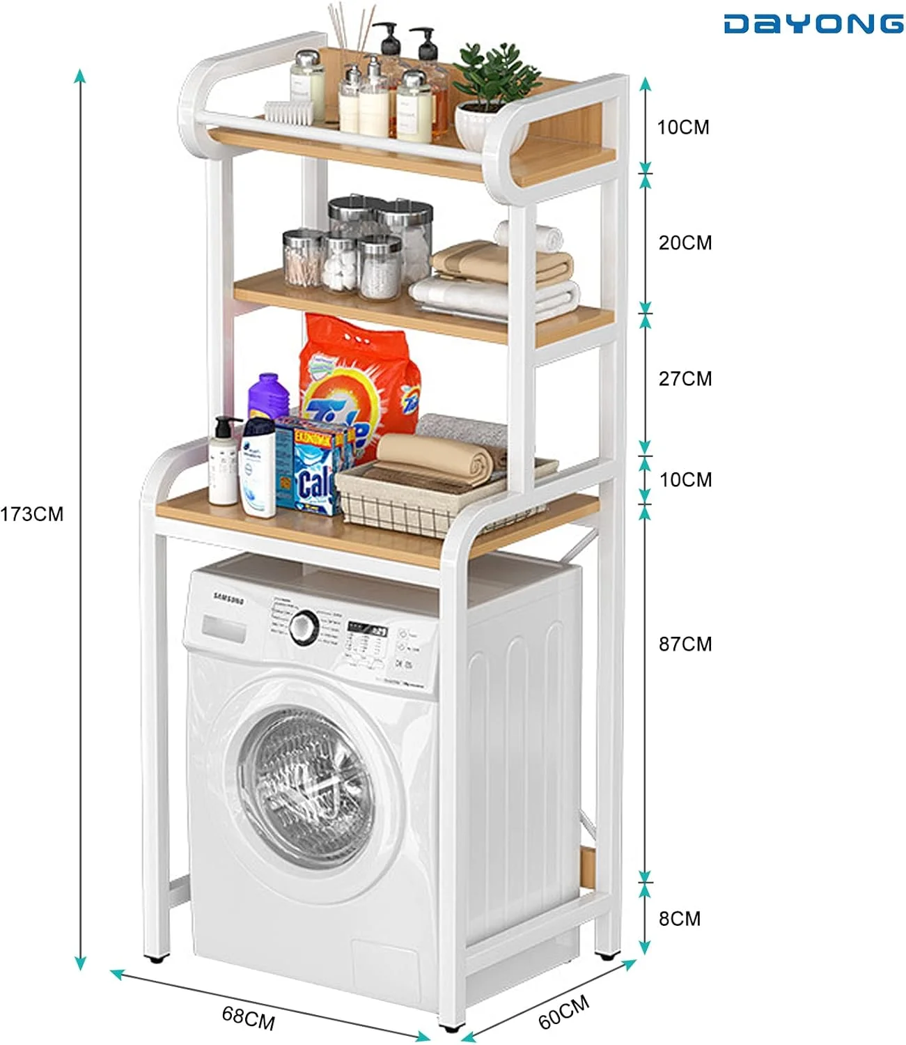 قفسه ذخیره سازی بالای ماشین لباسشویی DAYONG، سازمان دهنده لباسشویی 3 طبقه با قفسه، قفسه اتاق حمام، واحدهای قفسه بندی قفسه خشک کن لباس برای اتاق لباسشویی، بالکن، حمام (سفید)