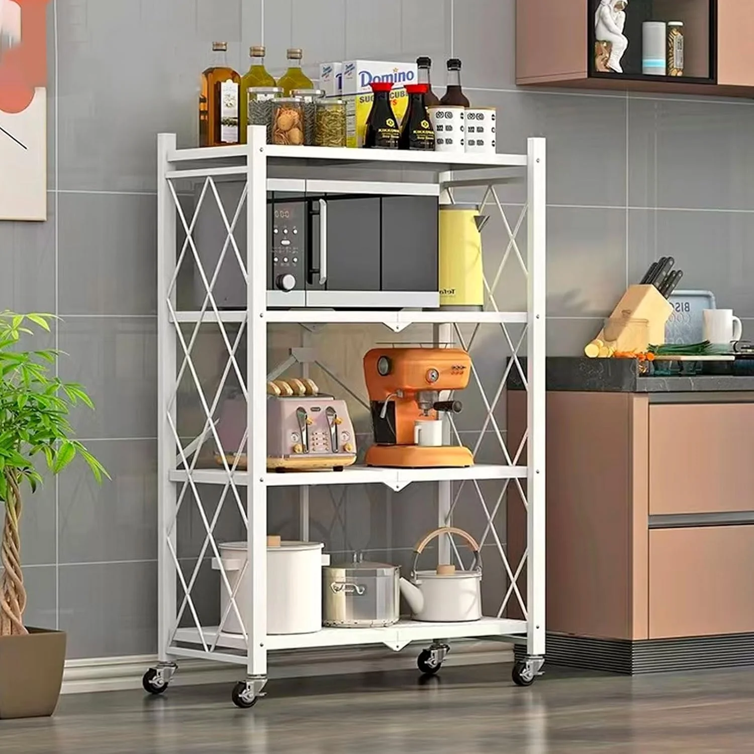 قفسه تاشو 4 طبقه MEISHIDA، قفسه های فلزی ایستاده چند منظوره با چرخ، ایده آل برای اتاق نشیمن، اتاق خواب، گاراژ، آشپزخانه (سفید) قفسه تاشو 4 طبقه MEISHIDA، قفسه های فلزی ایستاده چند منظوره با چرخ، ایده آل برای اتاق نشیمن، اتاق خواب، گاراژ، آشپزخانه (سفید)