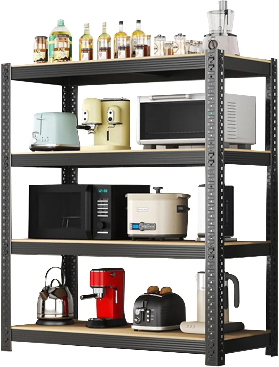 قفسه های ذخیره سازی 4 طبقه Beauenty، قفسه های فلزی، کابینت آشپزخانه با ارتفاع قابل تنظیم، قفسه ایستاده چند منظوره برای اتاق نشیمن، اتاق خواب، آشپزخانه، انبار (مشکی، 4 طبقه)