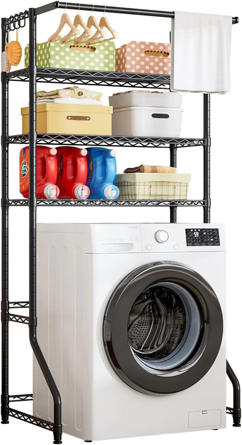 قفسه ذخیره سازی بالای ماشین لباسشویی و خشک کن Forthcan، قفسه ایستاده 3 طبقه سازمان دهنده اتاق لباسشویی، قفسه صرفه جویی در فضای ذخیره سازی حمام با میله خشک کن لباس، 33.9 اینچ عرض × 19.7 اینچ عمق × 77.6 اینچ ارتفاع (مشکی، بزرگ)