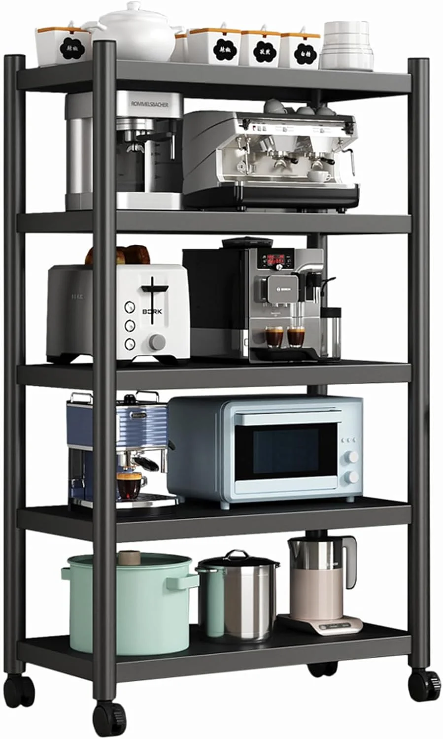 قفسه آشپزخانه 5 طبقه CNHDCT، قفسه های فلزی قابل تنظیم برای قفسه های انبار با چرخ های غلتکی، قفسه سازمان دهنده برای اتاق خواب، لباسشویی، کمد (M)