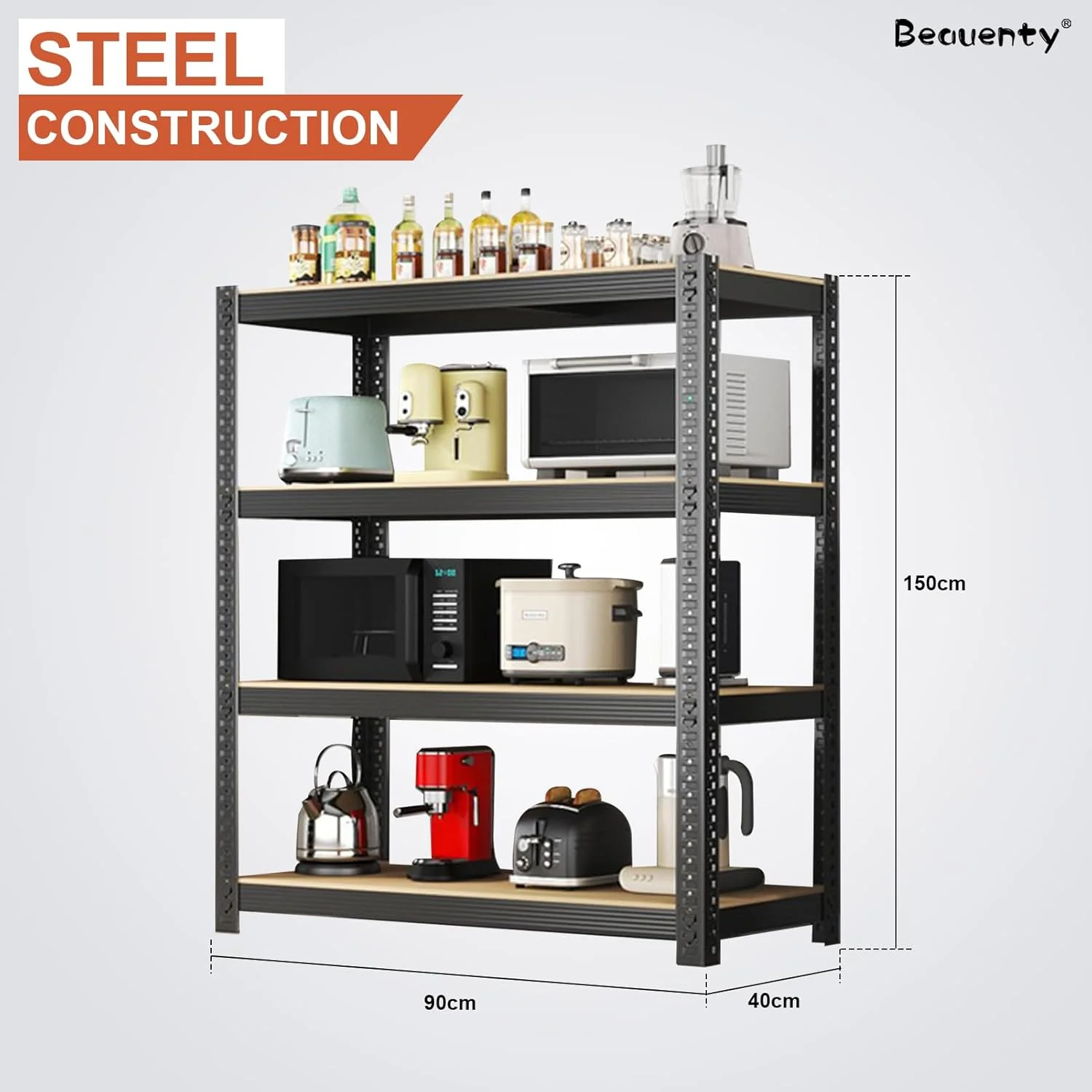 قفسه های ذخیره سازی 4 طبقه Beauenty، قفسه های فلزی، کابینت آشپزخانه با ارتفاع قابل تنظیم، قفسه ایستاده چند منظوره برای اتاق نشیمن، اتاق خواب، آشپزخانه، انبار (مشکی، 4 طبقه)