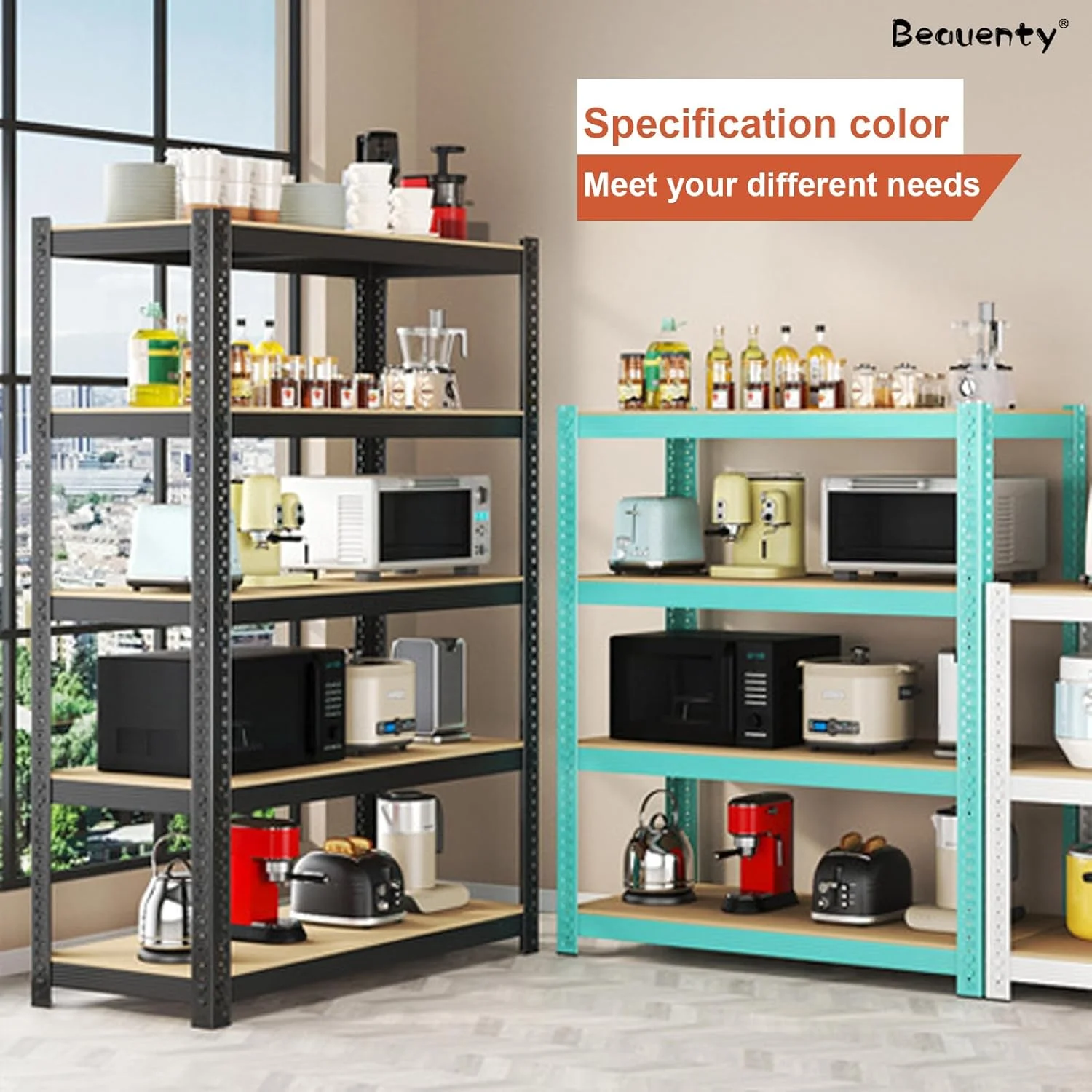 قفسه های ذخیره سازی 4 طبقه Beauenty، قفسه های فلزی، کابینت آشپزخانه با ارتفاع قابل تنظیم، قفسه ایستاده چند منظوره برای اتاق نشیمن، اتاق خواب، آشپزخانه، انبار (مشکی، 4 طبقه)