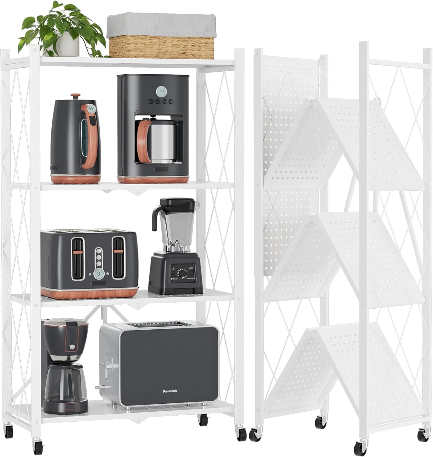 قفسه های تاشو 4 طبقه WWI، قفسه های ذخیره سازی، کابینت آشپزخانه، قفسه چند منظوره برای اتاق نشیمن، اتاق خواب، آشپزخانه، گاراژ، مونتاژ آسان (سفید، 4 طبقه)