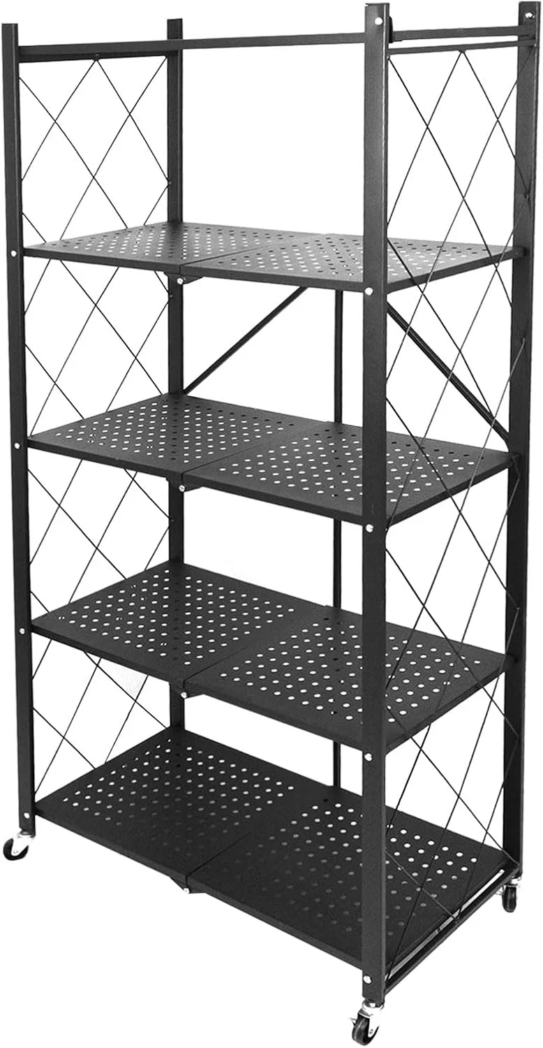 قفسه تاشو 5 طبقه MEISHIDA با چرخ، قفسه فلزی تاشو برای سازماندهی و صرفه جویی در فضای خانه، آشپزخانه، دفتر، بدون نیاز به ابزار (مشکی)