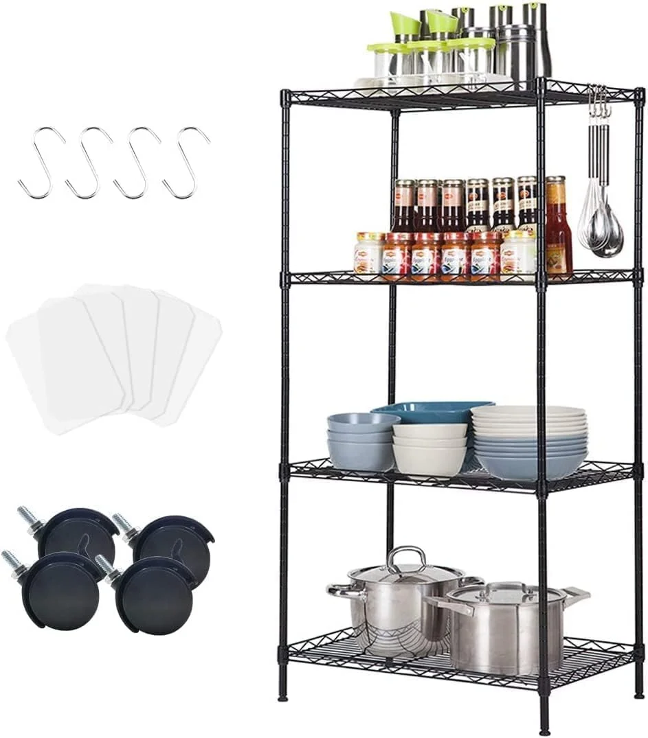 قفسه 4 طبقه فورثکن، واحد قفسه بندی فولادی کربنی، قفسه سیمی سنگین قابل تنظیم، قفسه های فلزی با ارتفاع قابل تنظیم، قفسه فلزی بادوام (مشکی)