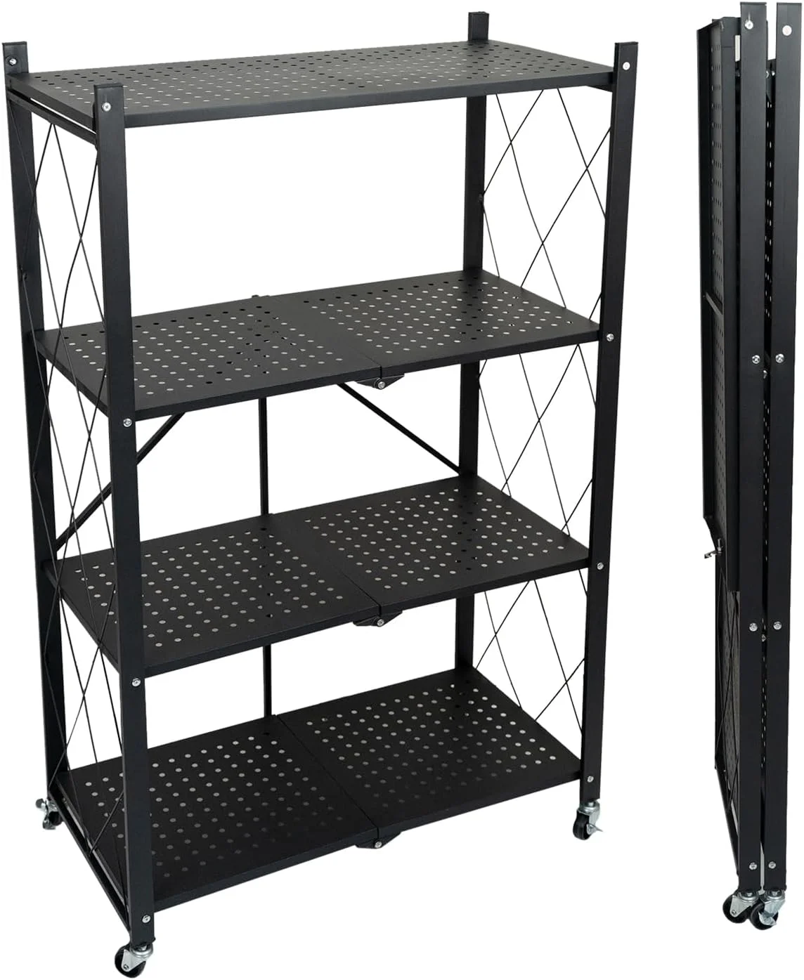 قفسه توری فلزی 4 طبقه تاشو چرخ دار MEISHIDA - واحد قفسه بندی فلزی تاشو، چرخ دستی برای قفسه کتاب آشپزخانه، سازمان دهنده انبار و کمد، بدون نیاز به مونتاژ