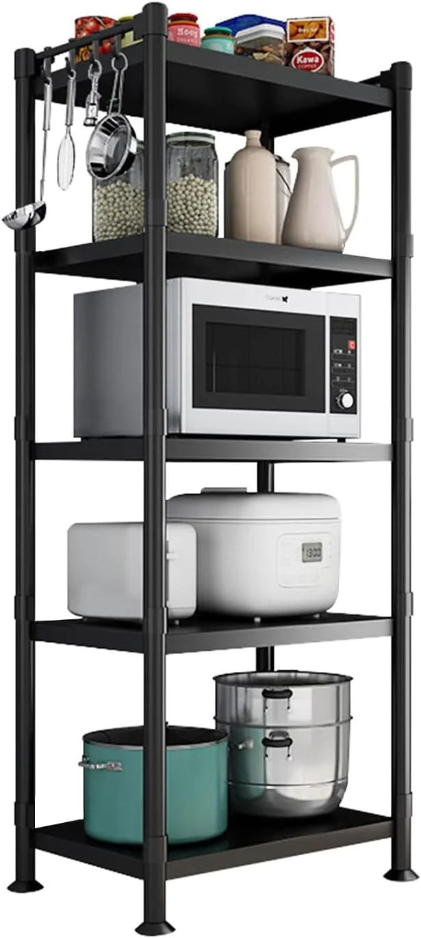 قفسه 5 طبقه OMIRA، قفسه نمایشگر ذخیره سازی برای آشپزخانه حمام - مشکی، قابل تنظیم، استیل ضد زنگ، با پایه های تراز، چرخ های غلتکی، قلاب های قفسه، 160x55x35CM