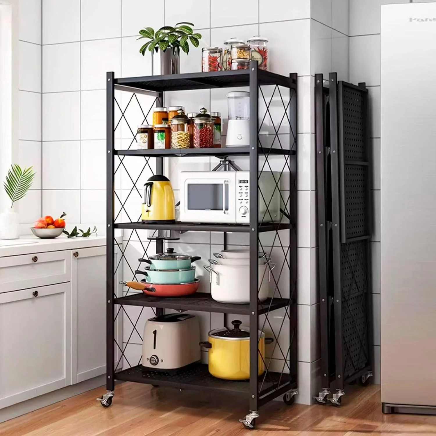 قفسه تاشو 5 طبقه MEISHIDA با چرخ، قفسه فلزی تاشو برای سازماندهی و صرفه جویی در فضای خانه، آشپزخانه، دفتر، بدون نیاز به ابزار (مشکی) قفسه تاشو 5 طبقه MEISHIDA با چرخ، قفسه فلزی تاشو برای سازماندهی و صرفه جویی در فضای خانه، آشپزخانه، دفتر، بدون نیاز به ابزار (مشکی)