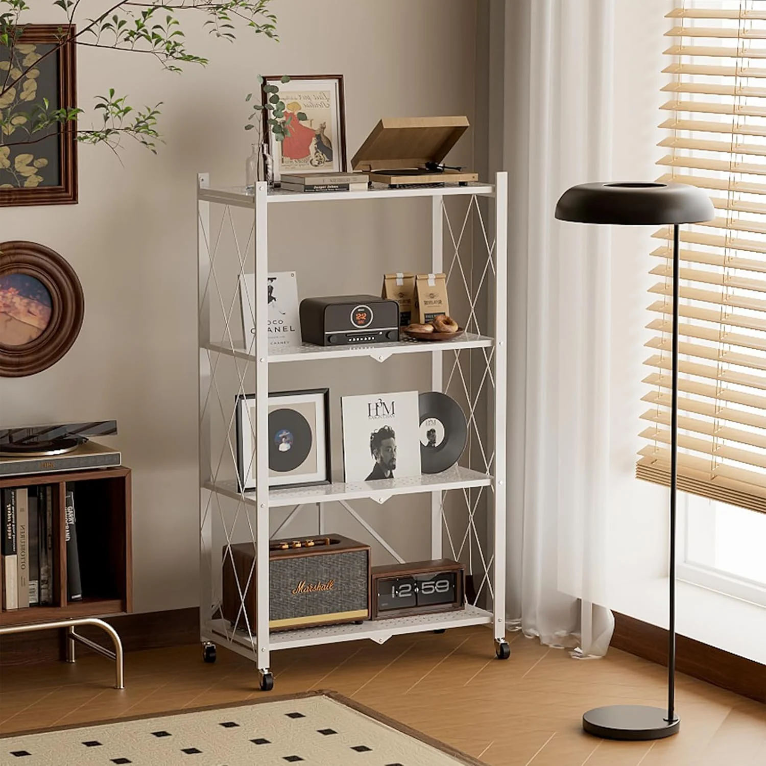 قفسه های تاشو 4 طبقه WWI، قفسه های ذخیره سازی، کابینت آشپزخانه، قفسه چند منظوره برای اتاق نشیمن، اتاق خواب، آشپزخانه، گاراژ، مونتاژ آسان (سفید، 4 طبقه)