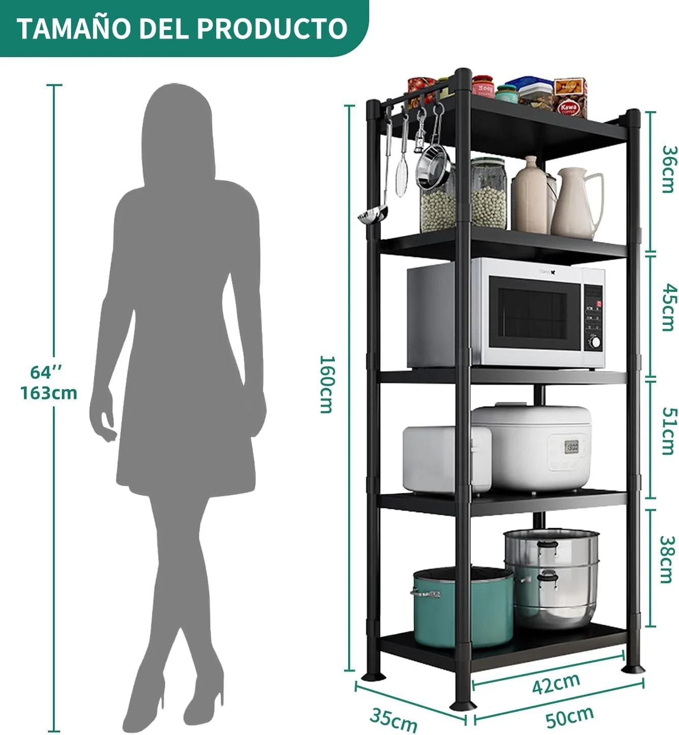 قفسه 5 طبقه OMIRA، قفسه نمایشگر ذخیره سازی برای آشپزخانه حمام - مشکی، قابل تنظیم، استیل ضد زنگ، با پایه های تراز، چرخ های غلتکی، قلاب های قفسه، 160x55x35CM