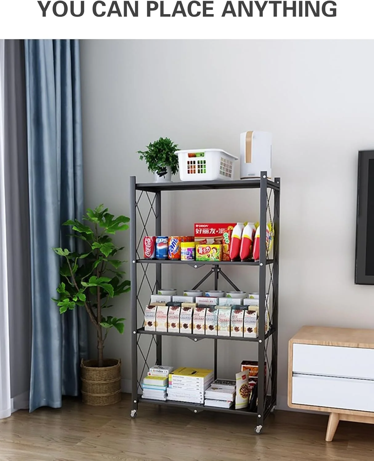 قفسه توری فلزی 4 طبقه تاشو چرخ دار MEISHIDA - واحد قفسه بندی فلزی تاشو، چرخ دستی برای قفسه کتاب آشپزخانه، سازمان دهنده انبار و کمد، بدون نیاز به مونتاژ