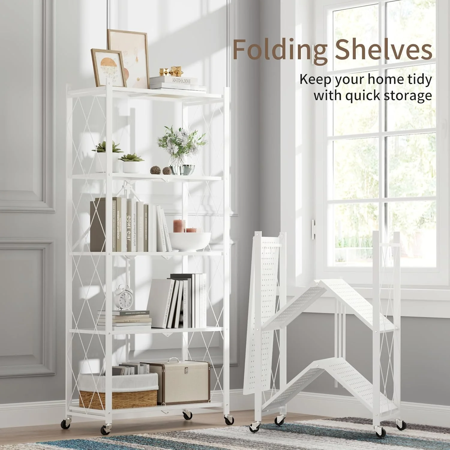 قفسه های تاشو 4 طبقه WWI، قفسه های ذخیره سازی، کابینت آشپزخانه، قفسه چند منظوره برای اتاق نشیمن، اتاق خواب، آشپزخانه، گاراژ، مونتاژ آسان (سفید، 4 طبقه)