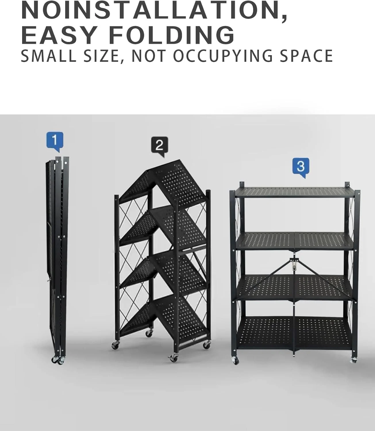 قفسه توری فلزی 4 طبقه تاشو چرخ دار MEISHIDA - واحد قفسه بندی فلزی تاشو، چرخ دستی برای قفسه کتاب آشپزخانه، سازمان دهنده انبار و کمد، بدون نیاز به مونتاژ