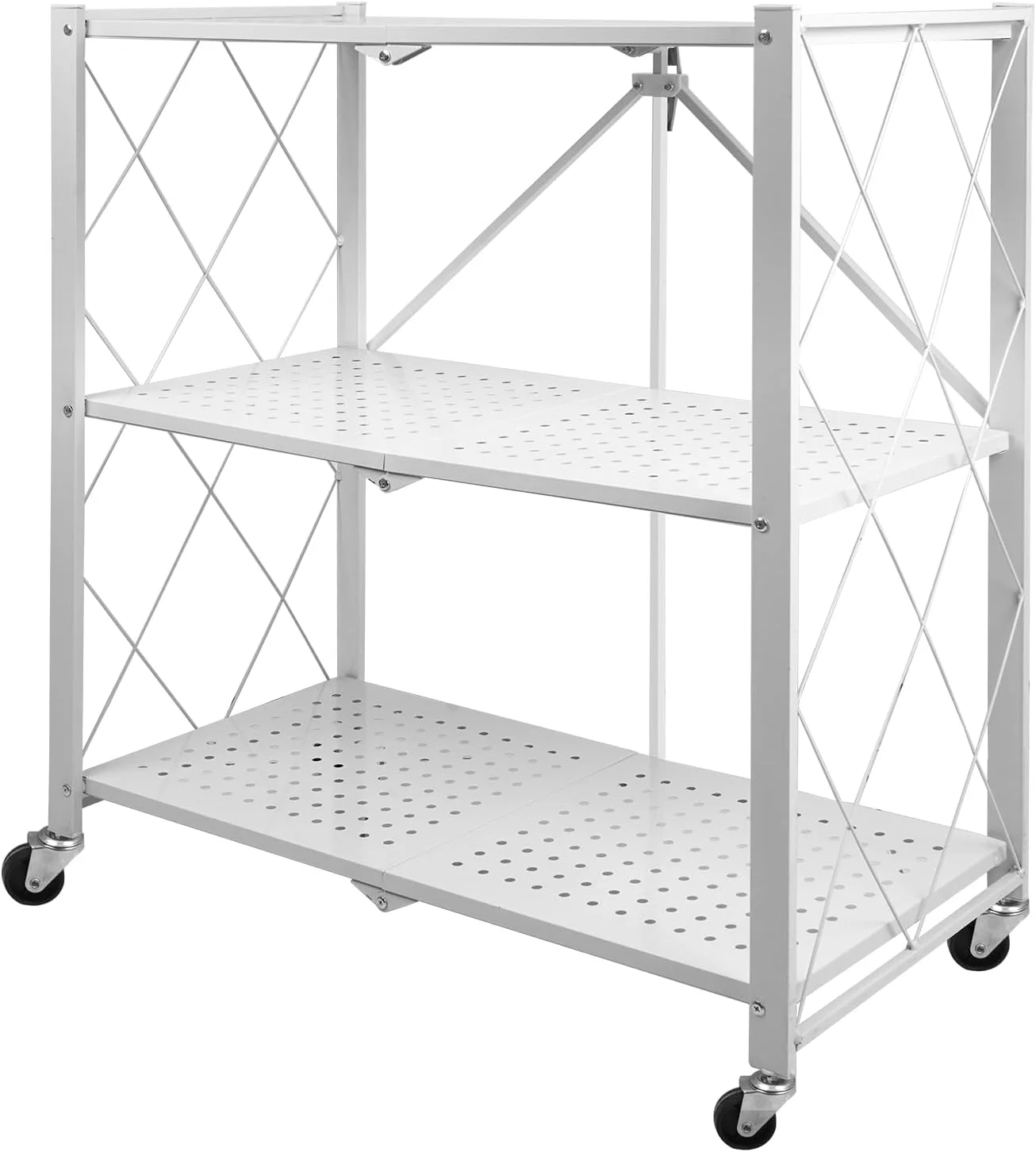 قفسه های تاشو 3 طبقه MEISHIDA، قفسه فلزی ایستاده چند منظوره با چرخ، قفسه تاشو چند طبقه برای اتاق خواب، اتاق نشیمن، گاراژ، دفتر (سفید)