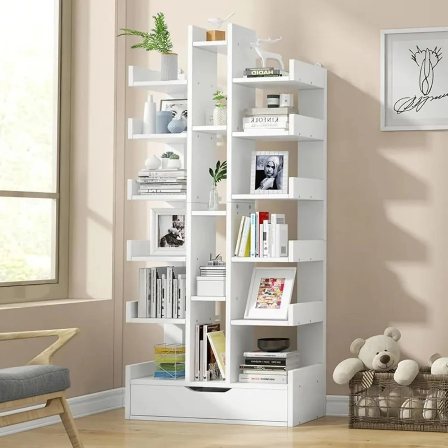 کتابخانه درختی، کتابخانه 18 طبقه، کتابخانه مدرن ایستاده، قفسه کتاب بلند، سازمان دهنده ذخیره سازی قفسه، قفسه های ذخیره سازی نمایش چند منظوره برای اتاق نشیمن، اتاق خواب، دفتر (سفید، 18 طبقه)