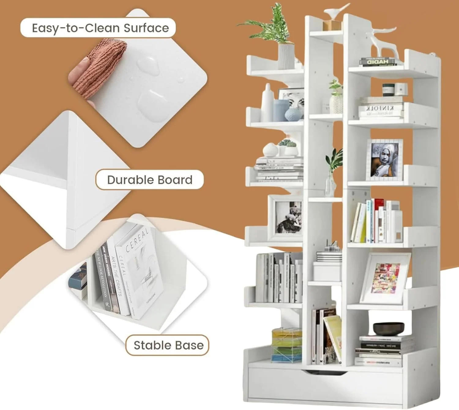 کتابخانه درختی، کتابخانه 18 طبقه، کتابخانه مدرن ایستاده، قفسه کتاب بلند، سازمان دهنده ذخیره سازی قفسه، قفسه های ذخیره سازی نمایش چند منظوره برای اتاق نشیمن، اتاق خواب، دفتر (سفید، 18 طبقه)