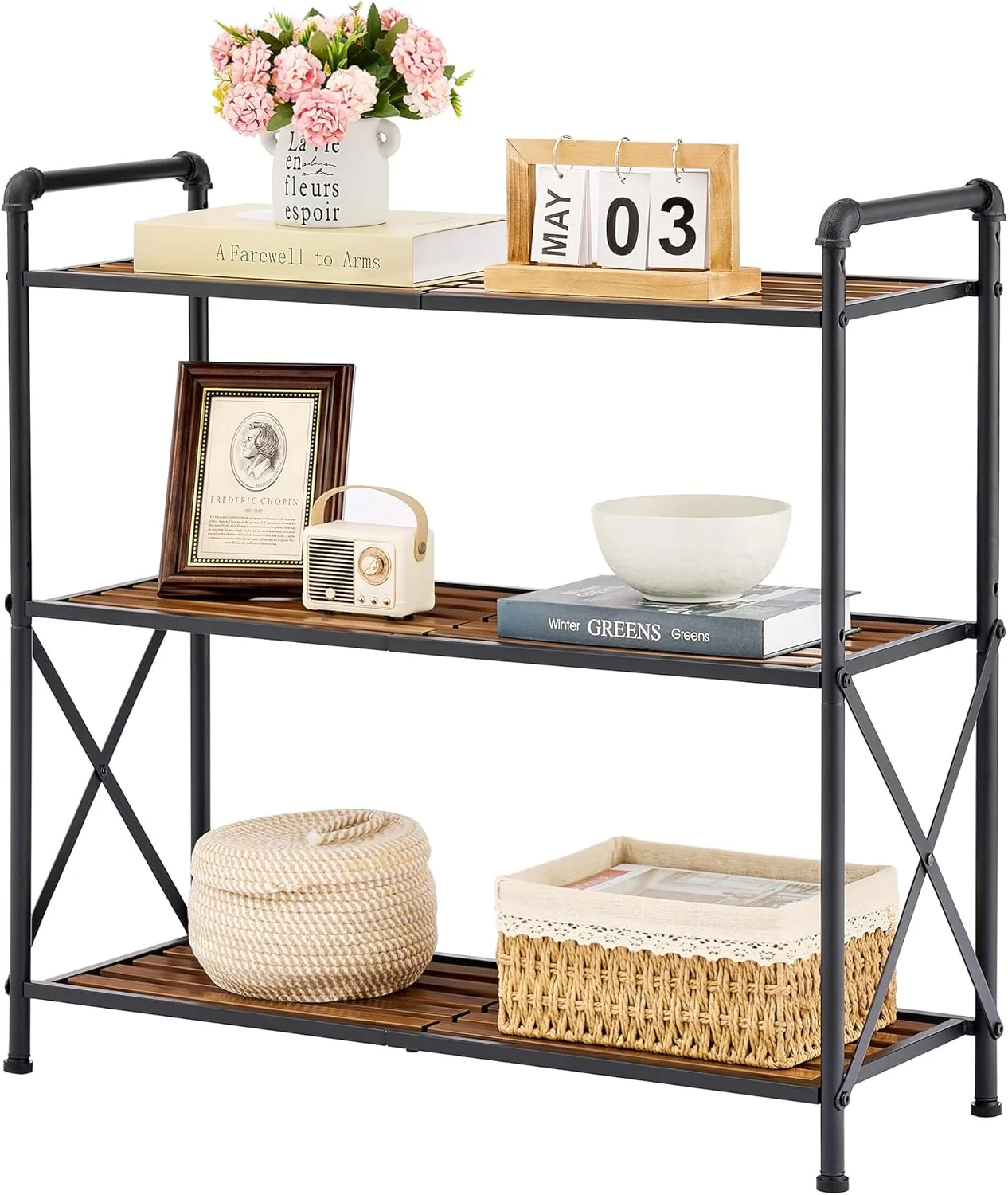 قفسه حمام 3 طبقه Tajsoon، قفسه بندی عریض، قفسه ذخیره سازی چند منظوره ایستاده برای حمام، آشپزخانه، اتاق نشیمن، فلزی، سبک صنعتی/مشکی