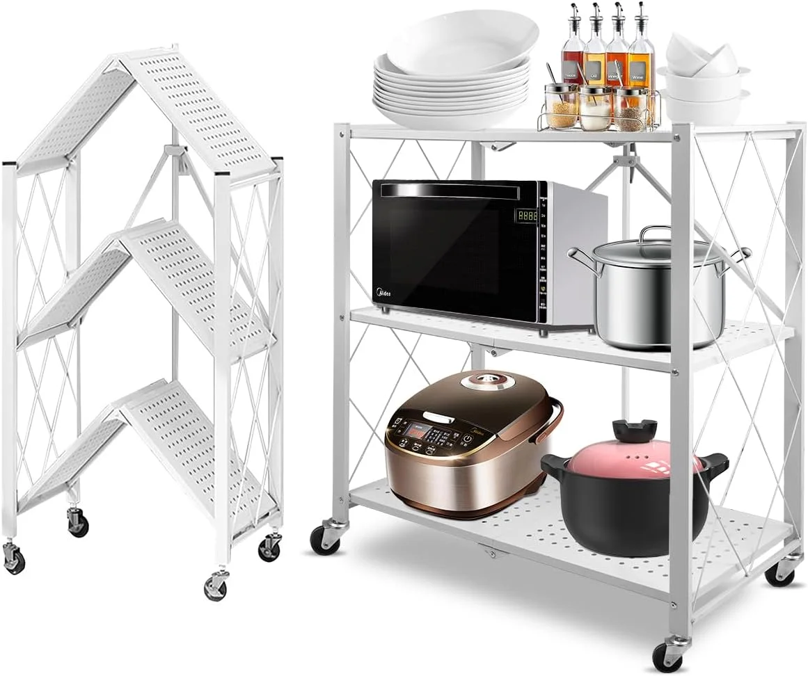 قفسه های تاشو 3 طبقه MEISHIDA، قفسه فلزی ایستاده چند منظوره با چرخ، قفسه تاشو چند طبقه برای اتاق خواب، اتاق نشیمن، گاراژ، دفتر (سفید)