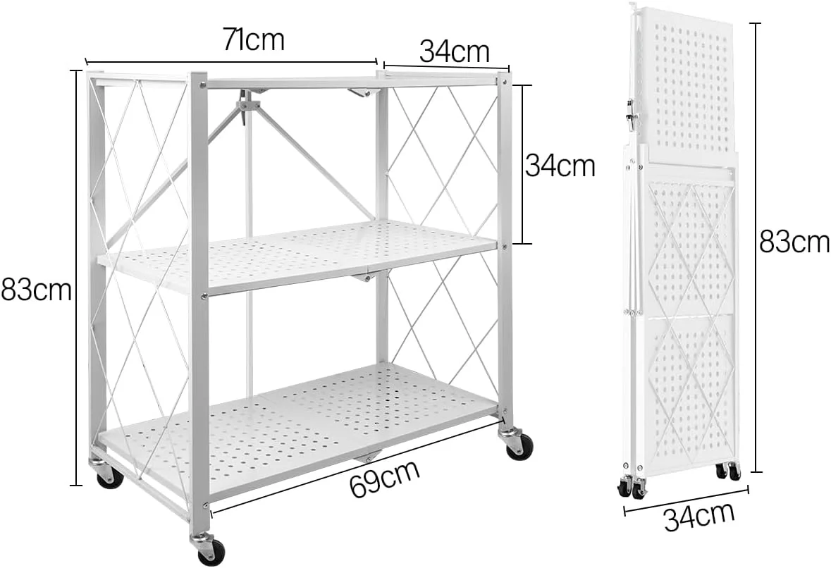قفسه های تاشو 3 طبقه MEISHIDA، قفسه فلزی ایستاده چند منظوره با چرخ، قفسه تاشو چند طبقه برای اتاق خواب، اتاق نشیمن، گاراژ، دفتر (سفید)