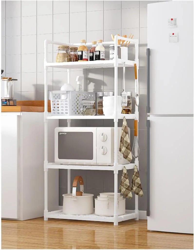 قفسه ذخیره سازی 4 طبقه WEKOTEE با قلاب های جانبی و دسته برای سازماندهی لباسشویی، حمام، آشپزخانه، گاراژ، انبار، سفید