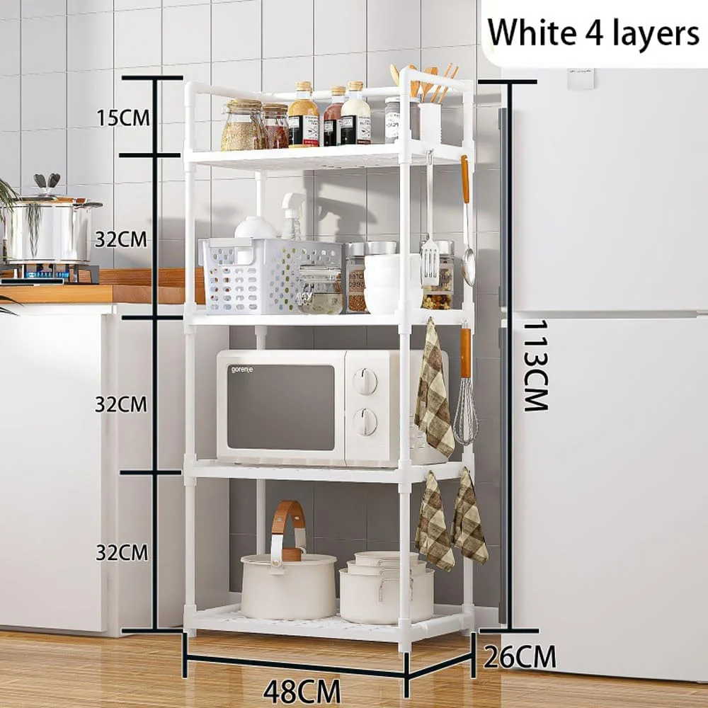 قفسه ذخیره سازی 4 طبقه WEKOTEE با قلاب های جانبی و دسته برای سازماندهی لباسشویی، حمام، آشپزخانه، گاراژ، انبار، سفید