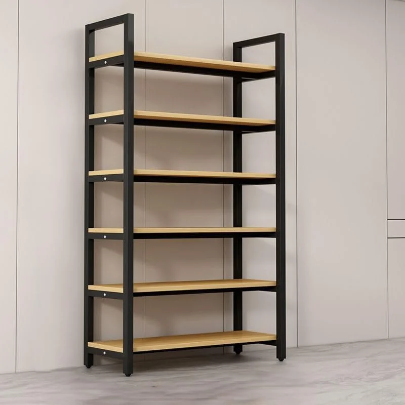 قفسه کتاب 5 طبقه، قفسه ذخیره سازی به سبک صنعتی، ارتفاع 182 سانتی متر، قاب فلزی مشکی با قفسه های چوبی، 2 سایز، (180x80x30)