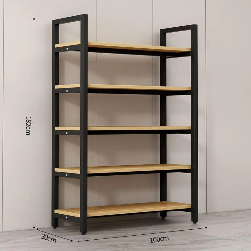 قفسه کتاب 5 طبقه، قفسه ذخیره سازی به سبک صنعتی، ارتفاع 182 سانتی متر، قاب فلزی مشکی با قفسه های چوبی، 2 سایز، (180x80x30)