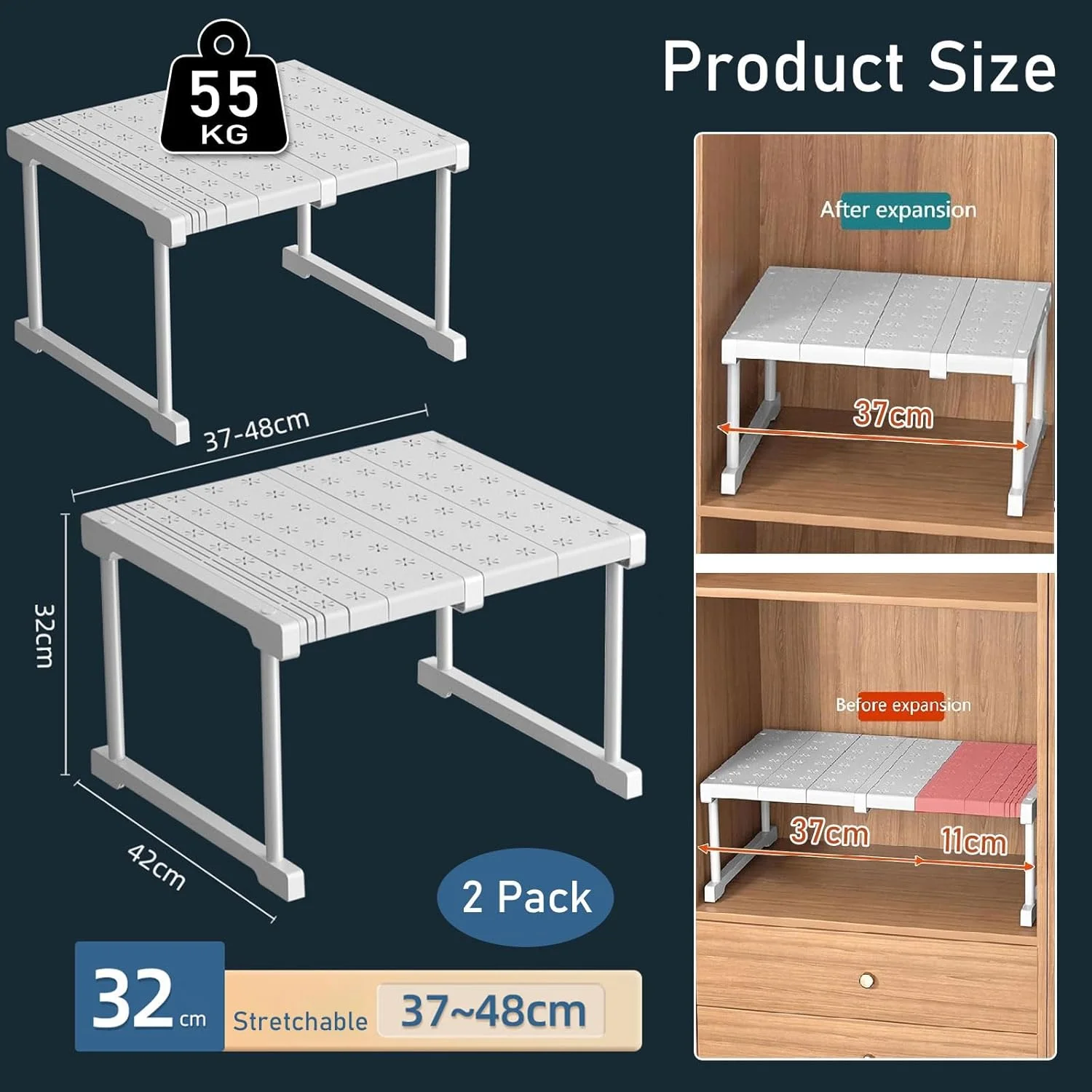 بسته 2 عددی قفسه کابینت قابل گسترش YSOAE، سازمان دهنده قفسه کمد قابل انباشت، قفسه برای آشپزخانه حمام انبار ادویه جات ترشی جات پیشخوان قهوه میز کار خانگی سنگین و ضد لغزش (S: 37-48CM)