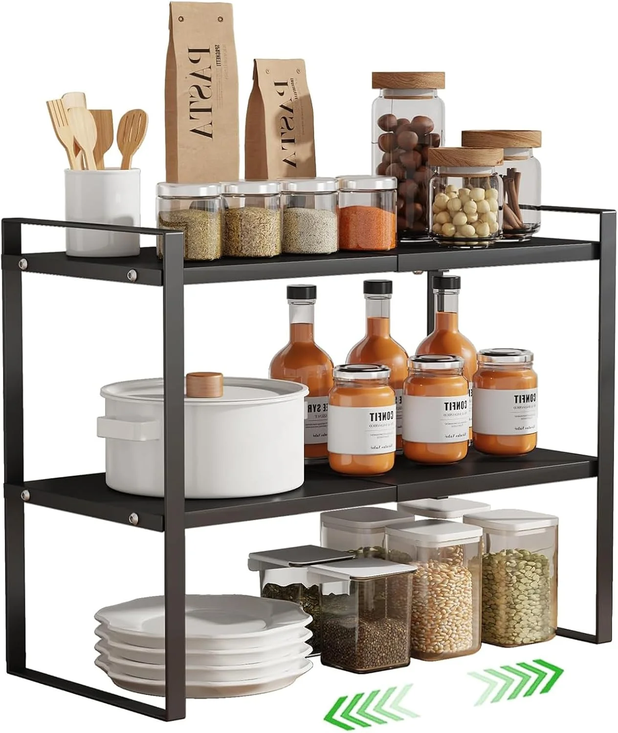سازمان دهنده قفسه کابینت آشپزخانه U-HOOME، قفسه های فلزی 2 طبقه قابل انباشت برای نگهداری مواد غذایی، قفسه پیشخوان برای کابینت ها، پیشخوان، سازمان دهنده های کابینت قفسه نگهداری مواد غذایی (مشکی - 2 طبقه)