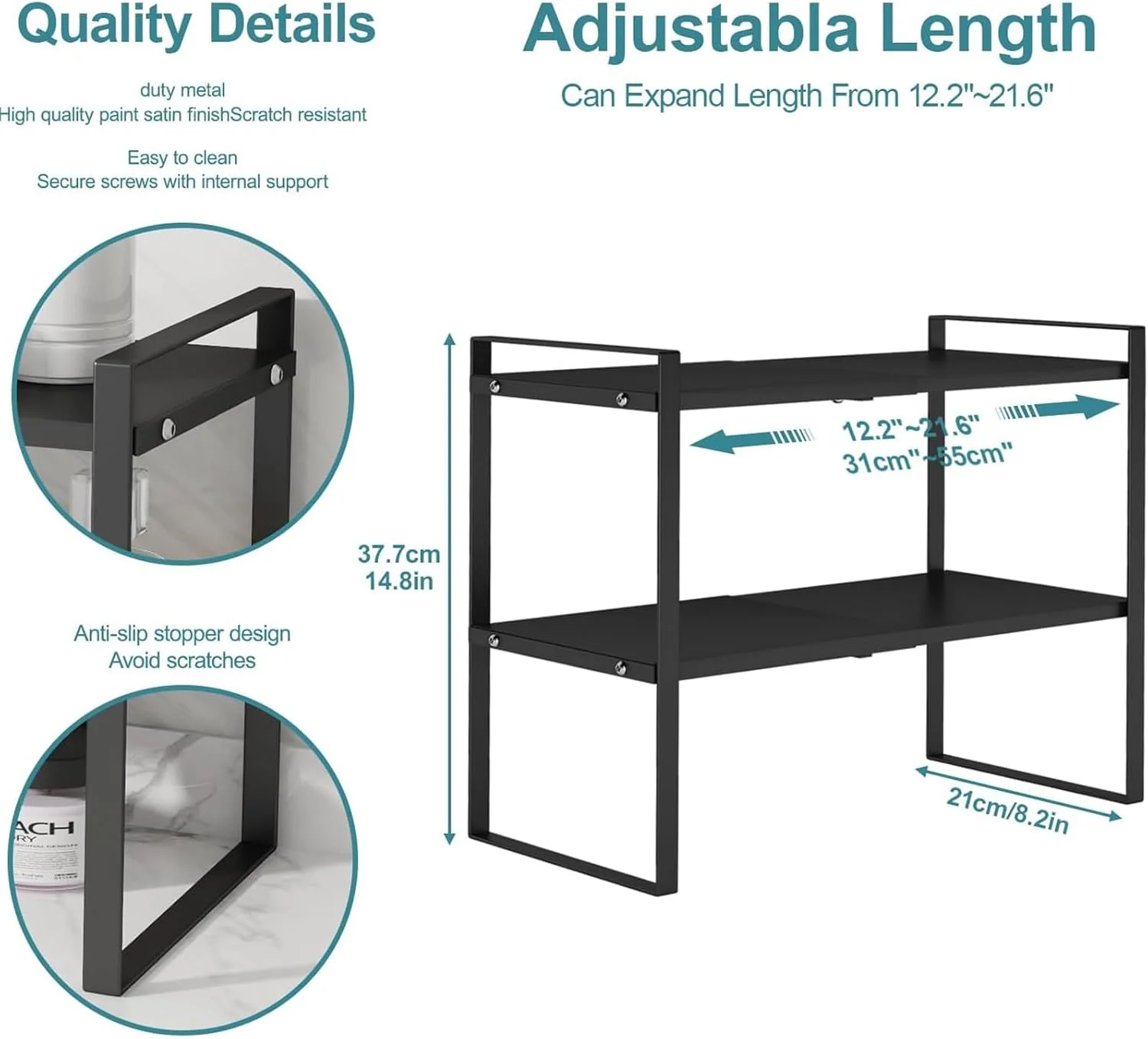 سازمان دهنده قفسه کابینت آشپزخانه U-HOOME، قفسه های فلزی 2 طبقه قابل انباشت برای نگهداری مواد غذایی، قفسه پیشخوان برای کابینت ها، پیشخوان، سازمان دهنده های کابینت قفسه نگهداری مواد غذایی (مشکی - 2 طبقه)