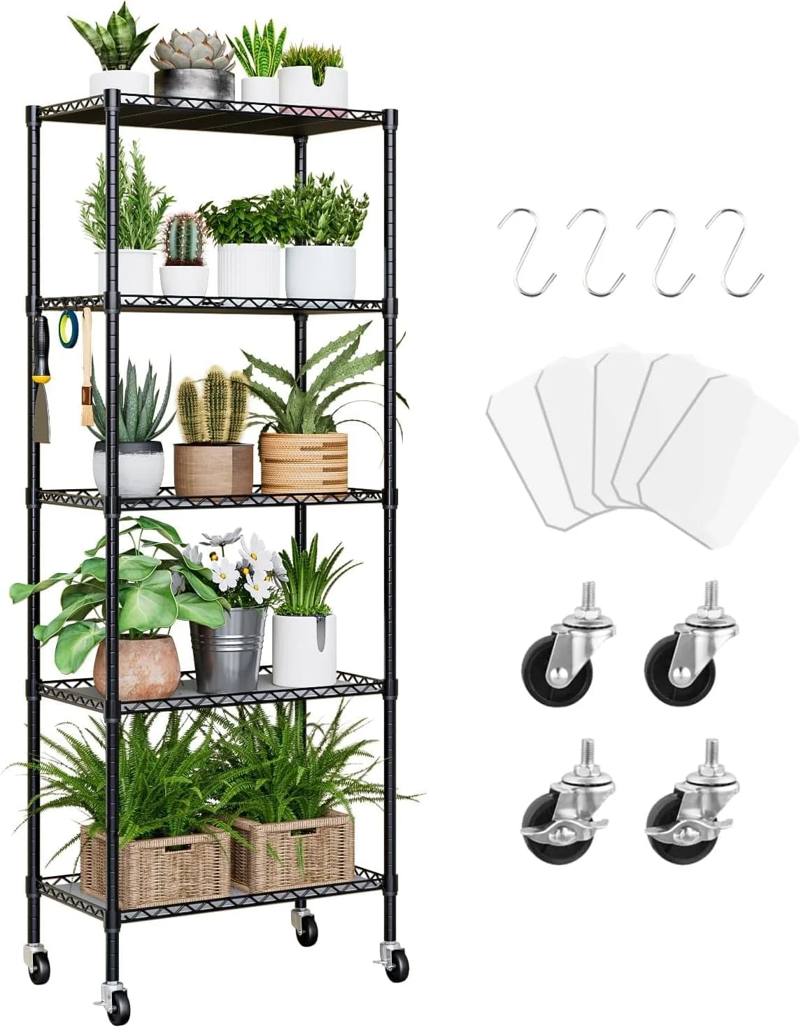 قفسه 5 طبقه فورثکن، قفسه ذخیره سازی قابل تنظیم، قفسه فلزی، قفسه های سیمی 16.5 اینچ طول x 11.8 اینچ عرض x 59 اینچ ارتفاع برای انبار، کمد، آشپزخانه، لباسشویی (مشکی)