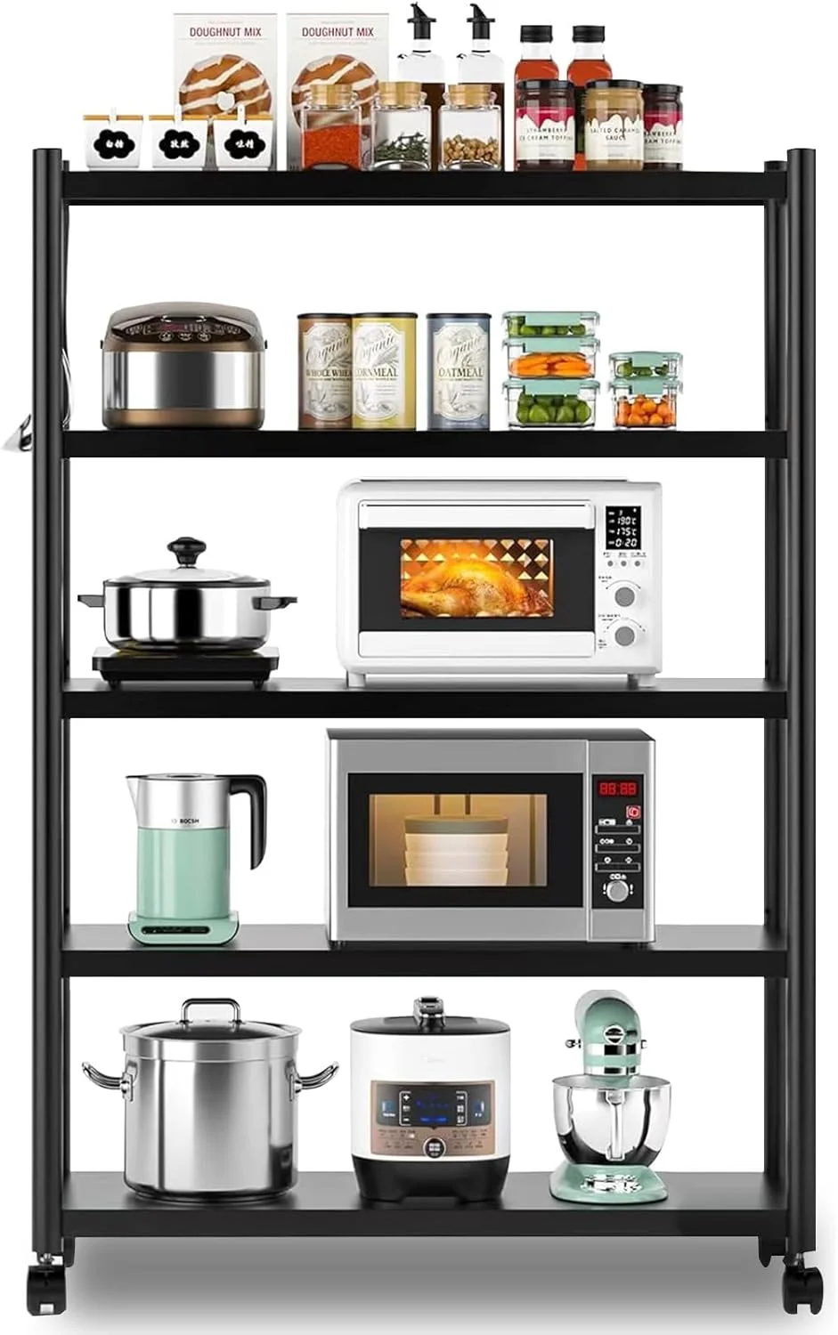 قفسه آشپزخانه Beauenty، قفسه 5 طبقه با ظرفیت بزرگ، قفسه تجاری، استند تاشو مایکروویو، قفسه چرخ دار، مناسب برای گاراژ، آشپزخانه، زیرزمین، انبار، 120 * 40 * 160
