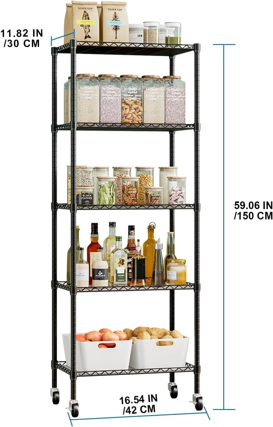 قفسه 5 طبقه فورثکن، قفسه ذخیره سازی قابل تنظیم، قفسه فلزی، قفسه های سیمی 16.5 اینچ طول x 11.8 اینچ عرض x 59 اینچ ارتفاع برای انبار، کمد، آشپزخانه، لباسشویی (مشکی)